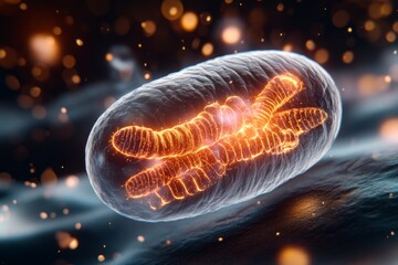 A ultra-detailed microscopic view of a living cell with visible mitochondria, nucleus, and other organelles