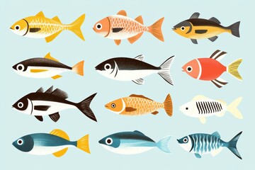 Naklejka premium Graphic layout featuring various colorful fish for a fresh seafood advertisement