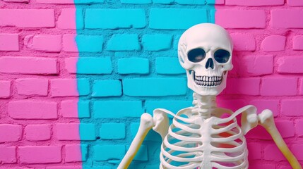 Skeleton Against Colorful Brick Wall - A plastic skeleton sits against a wall painted half pink and half blue.  A fun, quirky image.