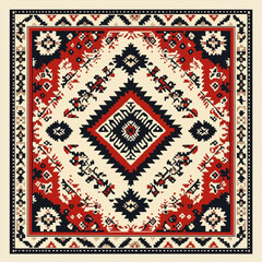 Ethnic Rug Pattern in Red and Black with Geometric Ornaments