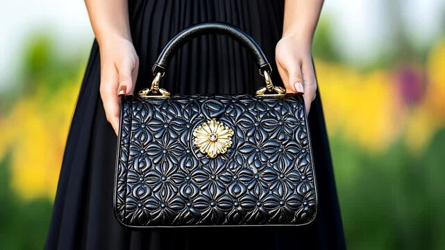 A woman holding a stylish black purse with floral design, symbolizing elegance and fashion, ideal for holiday gift ideas and fashion photography