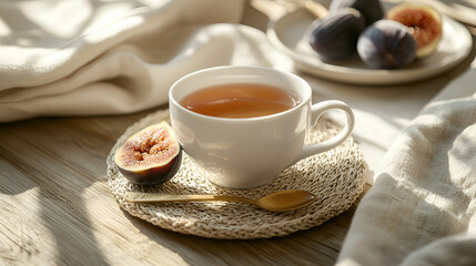 Warm sunlight illuminates a cozy scene: a cup of tea, a half-fig, and a woven coaster.  Perfect for a peaceful morning.