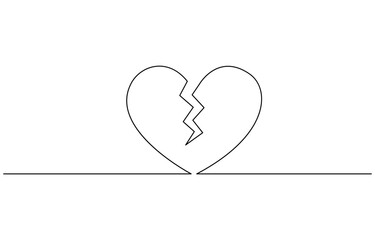 Broken Heart Continuous One Line Drawing. Heart is Broken One Line Minimal Art Drawing, Continuous line drawing. Broken heart. Black isolated on white background.