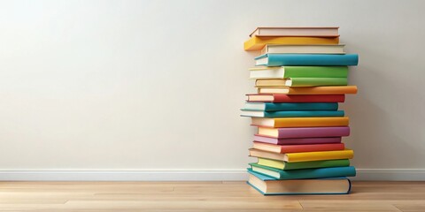 A vibrant stack of colorful books against a simple white wall and light wood floor.