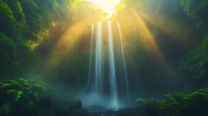 Sunbeams illuminate a lush, tropical waterfall cascading down mossy rocks.