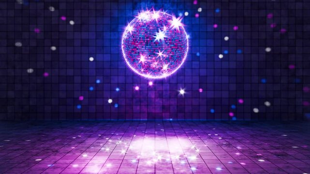 Style 80,70,90s. Retro music. Disco style. Seamless animation. Looped 3D animation, camera movement along an endless corridor. Screen saver. Smooth rotation of a disco ball with glare on the mirrors.
