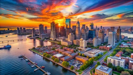 Fototapeta premium Surreal Jersey City Sunset: Aerial Drone View, Vibrant Colors, Dreamlike Cityscape