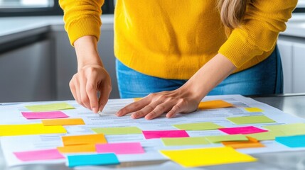 Obraz premium Woman Organizing Colorful Sticky Notes on a Document in Office Space