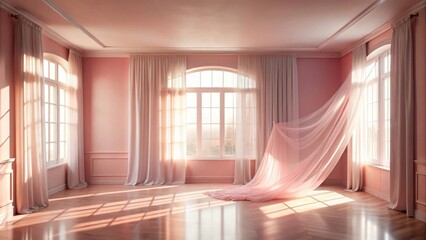 Serene Sunlight Illuminating a Pink Room with Sheer Drapes and Hardwood Floors