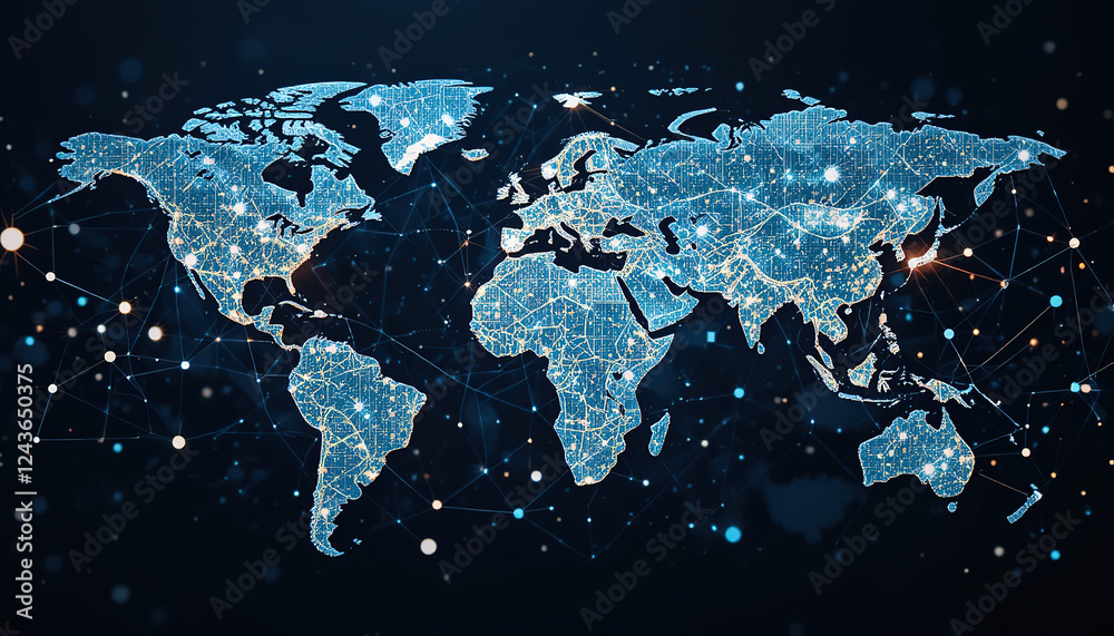 Poster stylized world map is surrounded a complex network lines and dots, representing global connectivity 
