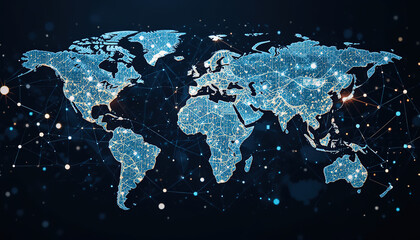 stylized world map is surrounded a complex network lines and dots, representing global connectivity and the digital pattern