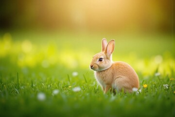 Obraz premium lone rabbit in lush green meadow golden yellow coat
