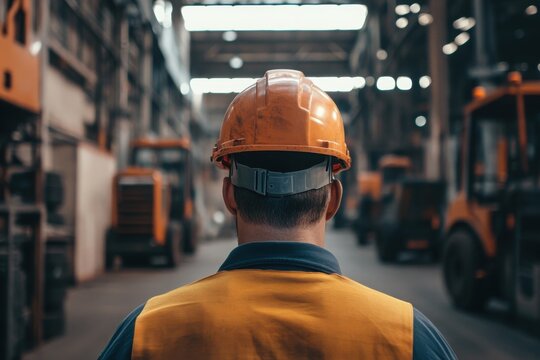 Construction Worker Standing in Warehouse with Equipment in Background