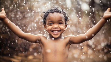 Obraz premium young African child, probably around 4-5 years old, playing in the rain. The child isnot wearing clothes. He has a big smile on his face and his arms are stretched out to the sides