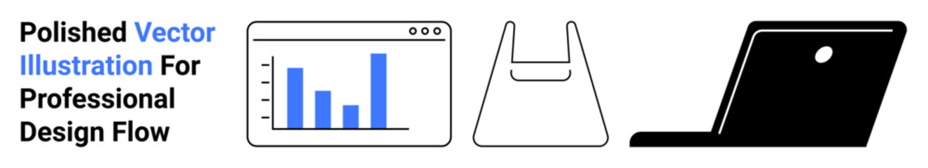 Bar chart inside a web browser, a minimalistic shopping bag, sleek laptop silhouette. Ideal for e-commerce, tech solutions, business analytics, shopping platforms, marketing strategies, data