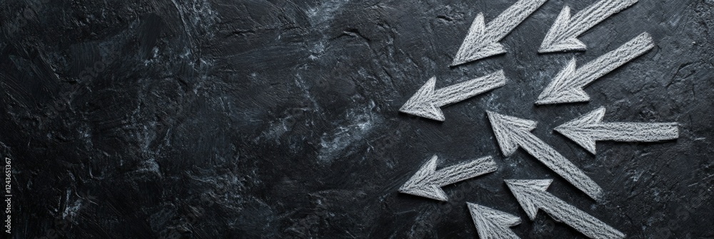 Poster Textured gray arrows pointing in various directions on a dark background symbolize decision making, strategy, and the challenges of choosing between multiple options