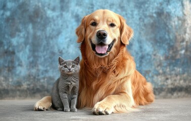 Happy golden retriever and adorable gray kitten sitting together with joyful expressions against a textured blue background in a warm and inviting setting