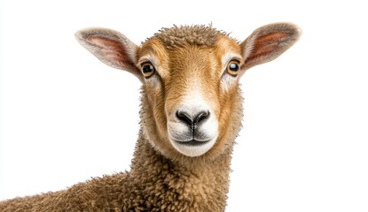 Fototapeta premium Close up portrait of a brown sheep against a plain background. The sheep looks directly at the camera with a calm expression