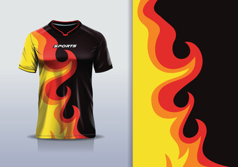 T-shirt mockup abstract fire flame sport jersey design for football, soccer, racing, esports, running, in red black color  © Nimpuna O