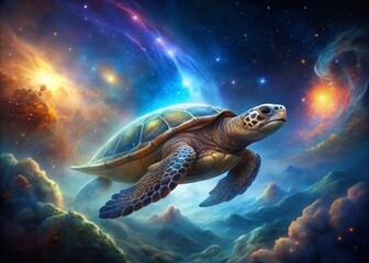 Surreal Space Turtle: Cosmic Journey, Galaxy Tortoise, Celestial Reptile, Starry Night,  Astronaut Turtle