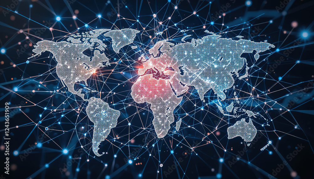 Poster stylized world map is surrounded a complex network lines and dots, representing global connectivity 
