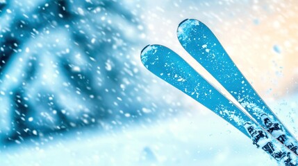 Blue ski gear in snowy mountain scenery with falling snowflakes adventure winter activity concept for sports enthusiasts captured in cool tones ideal for winter sports posters and designs