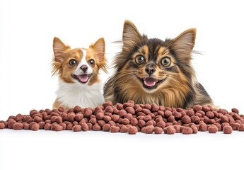 Obraz premium Happy small dogs looking at delicious kibble with excited expressions, surrounded by pet food on white background