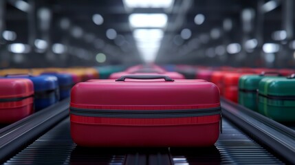 Symbolize conveyer airport and baggage. Red suitcase on conveyor belt among various luggage items.