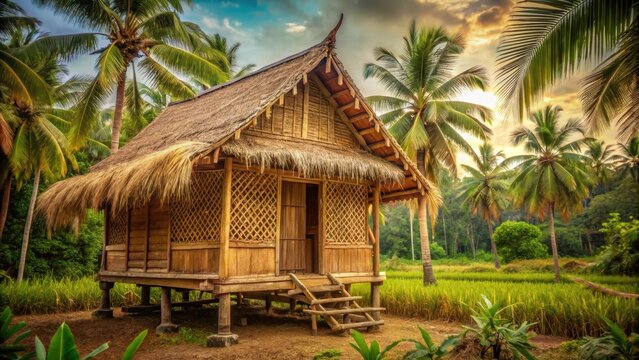 Traditional Thai nipa hut in sepia toned background with intricate wooden carvings and woven palm leaves, rural scene, traditional village