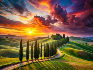 Obraz premium Surreal Tuscan Landscape: Rolling Hills & Dreamlike Skies