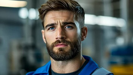 A Caucasian male engineer in a blue uniform poses confidently in a factory setting, representing concepts of industrial work and professionalism