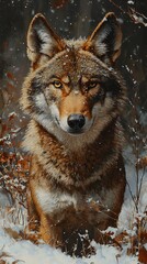 Obraz premium HD Phone Wallpaper Majestic Red Wolf in Winter Wonderland Snow Falling Close Up Portrait