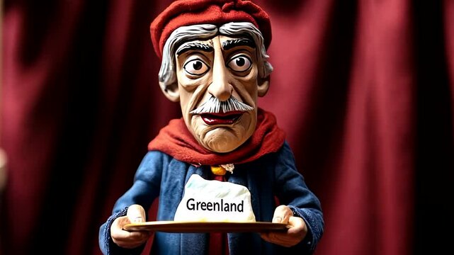 A whimsical puppet with a sign reading Greenland against a maroon background, perfect for theater and cultural storytelling themes