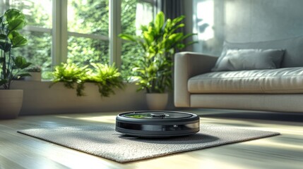 A robotic vacuum cleaner with a built-in camera for room navigation, placed on a light-colored floor 
