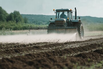 Fototapeta premium Spreading fertilizer manually on farm beds in sunny rural landscape