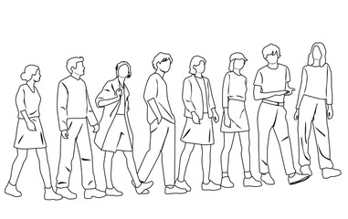 Silhouettes of men and women, group standing and walking business people, vector, linear sketch, hand draw, profile,  black and white colors isolated on white background