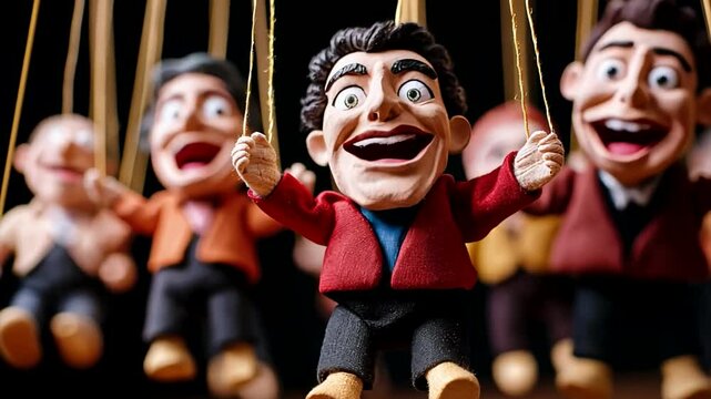 Colorful marionette puppets with exaggerated expressions hanging on strings, evoking theater and puppet shows