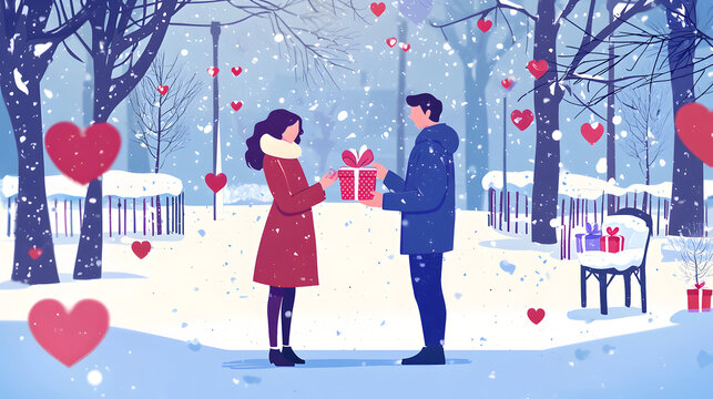 A man and woman are standing in a snowy park