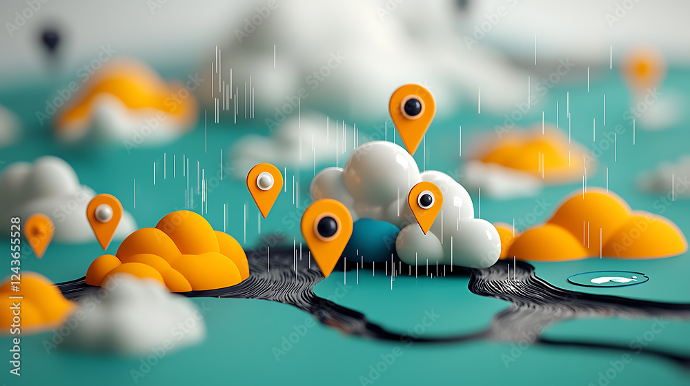 Poster interactive map exploration with location pins digital landscape 3d visualization cloud environment 