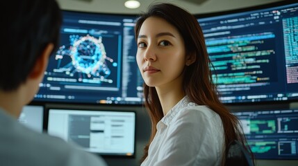Focused Software Developer Working on Complex Code on Multiple Monitors in a Modern Tech Office