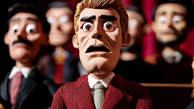 A wide-eyed puppet in a suit expresses surprise in a theatrical scene, perfect for theater or animation themes