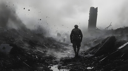 Obraz premium A soldier walks among the wreckage of his fallen comrades, the wind carrying the faint sound of distant voices. His heart is heavy with loss, and his body bears the scars of battle.