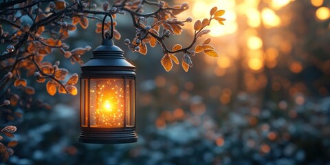 Winter Lantern Glow: A Serene Sunset Scene