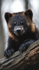 Obraz premium HD Phone Wallpaper Close up Portrait of a Young Endangered Japanese Raccoon Dog on a Log