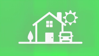 Fototapeta premium House and car under the sun on green background