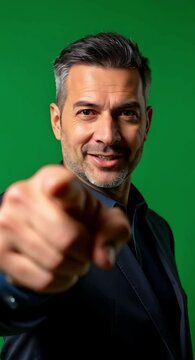 Man pointing directly forward with a look of determination, symbolizing leadership and vision, green screen background, call to action, leadership concept.