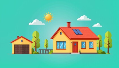 Naklejka premium Illustration of a modern house and garage with solar panels