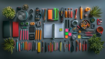 Obraz premium Organized Flat Lay of Colorful Office Supplies and Stationery on Gray