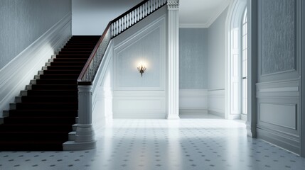 Fototapeta premium Vintage-inspired Victorian mansion in soft blue tones, featuring intricate moldings and a welcoming staircase, ideal for historical concepts