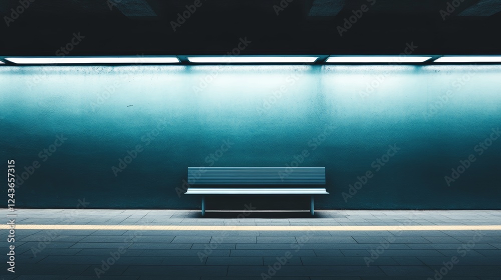 Aufkleber Empty bench sitting on a subway platform, illuminated by soft light against a turquoise wall, creating a serene and minimalist urban scene in a tranquil, low light atmosphere